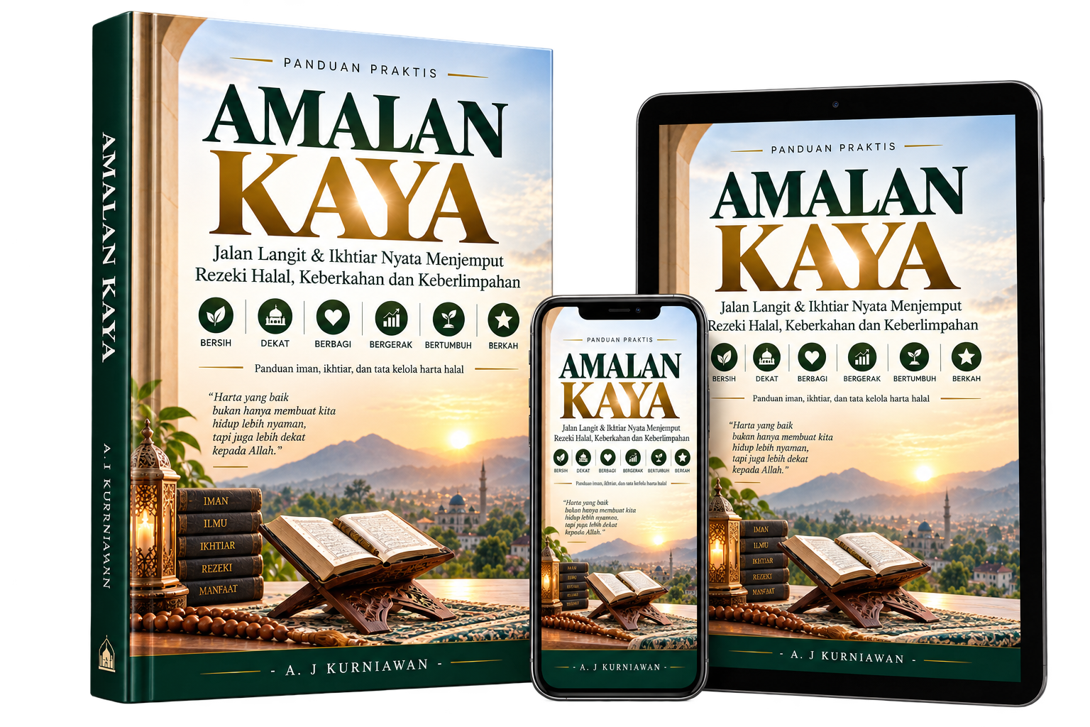 Mockup Amalan Kaya tanpa latar dalam format buku, tablet, dan ponsel